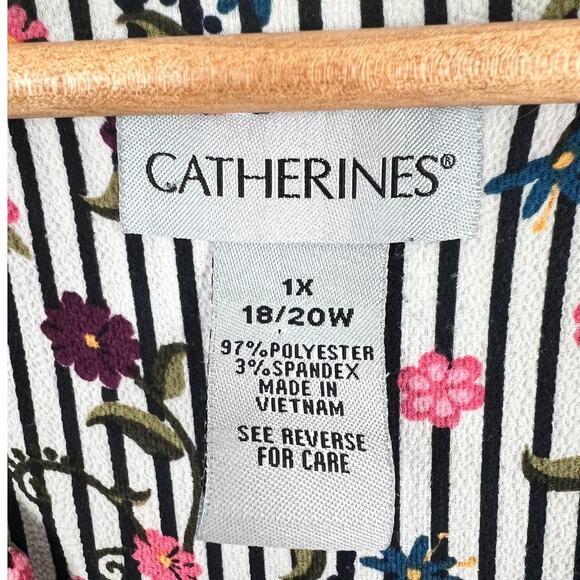 Catherines Womens 1X Feminine Bloomcore Preppy Artsy Floral Stripe Tunic Blouse - Picture 7 of 11